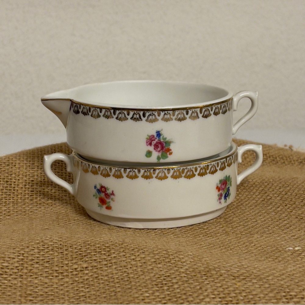 Vintage Czech Republic JLY Bone China 22k gold sugar creamer set